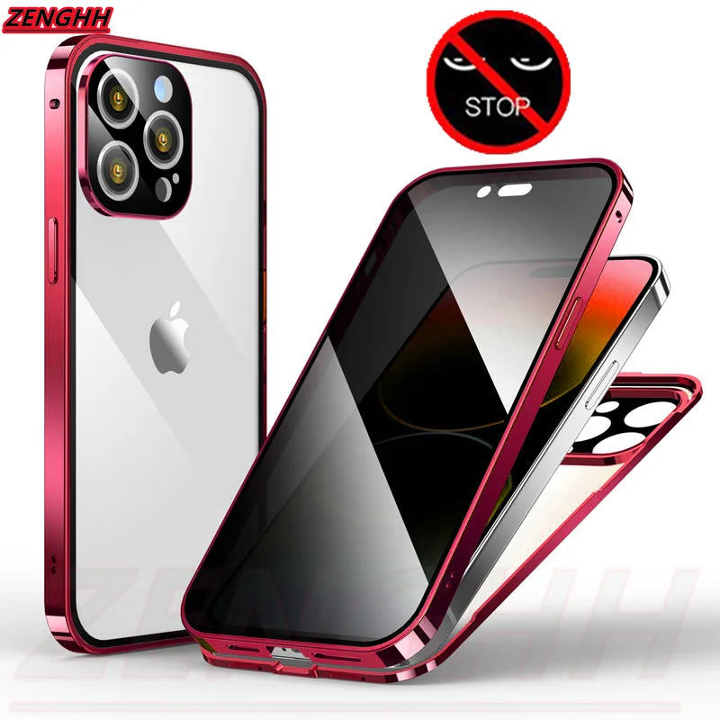 Double Glass Anti-Peep Privacy Magnetic Adsorption Case for iPhone 15/14/13/12 | Camera Lens Protection Cover