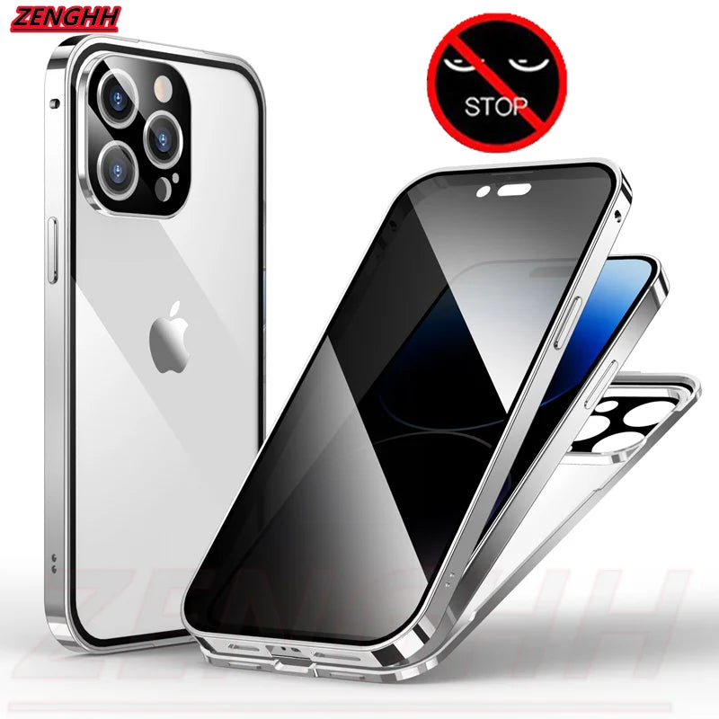 Double Glass Anti-Peep Privacy Magnetic Adsorption Case for iPhone 15/14/13/12 | Camera Lens Protection Cover