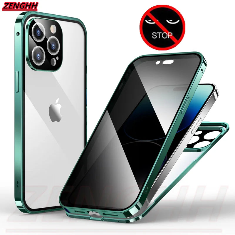 Double Glass Anti-Peep Privacy Magnetic Adsorption Case for iPhone 15/14/13/12 | Camera Lens Protection Cover