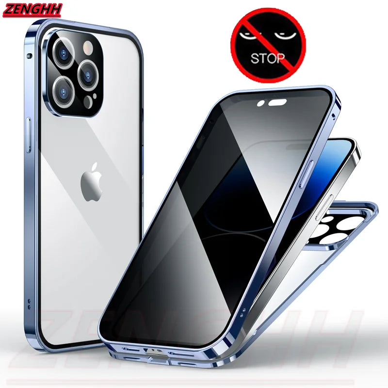 Double Glass Anti-Peep Privacy Magnetic Adsorption Case for iPhone 15/14/13/12 | Camera Lens Protection Cover