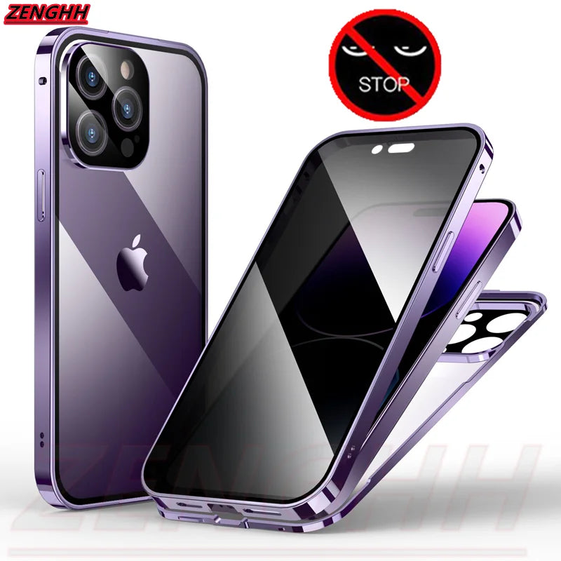 Double Glass Anti-Peep Privacy Magnetic Adsorption Case for iPhone 15/14/13/12 | Camera Lens Protection Cover