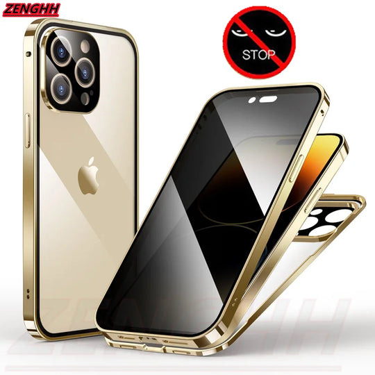 Double Glass Anti-Peep Privacy Magnetic Adsorption Case for iPhone 15/14/13/12 | Camera Lens Protection Cover